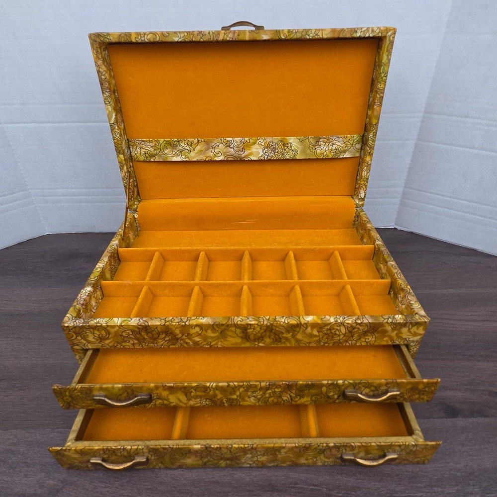 Vintage MCM Jewelry Box Gold Floral Damask Brocade 3 Tier Regency Organizer
